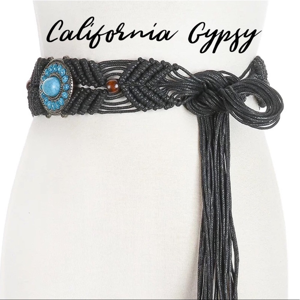 Western Turquoise Macrame Wood Bead Belt - Picture 2 of 5